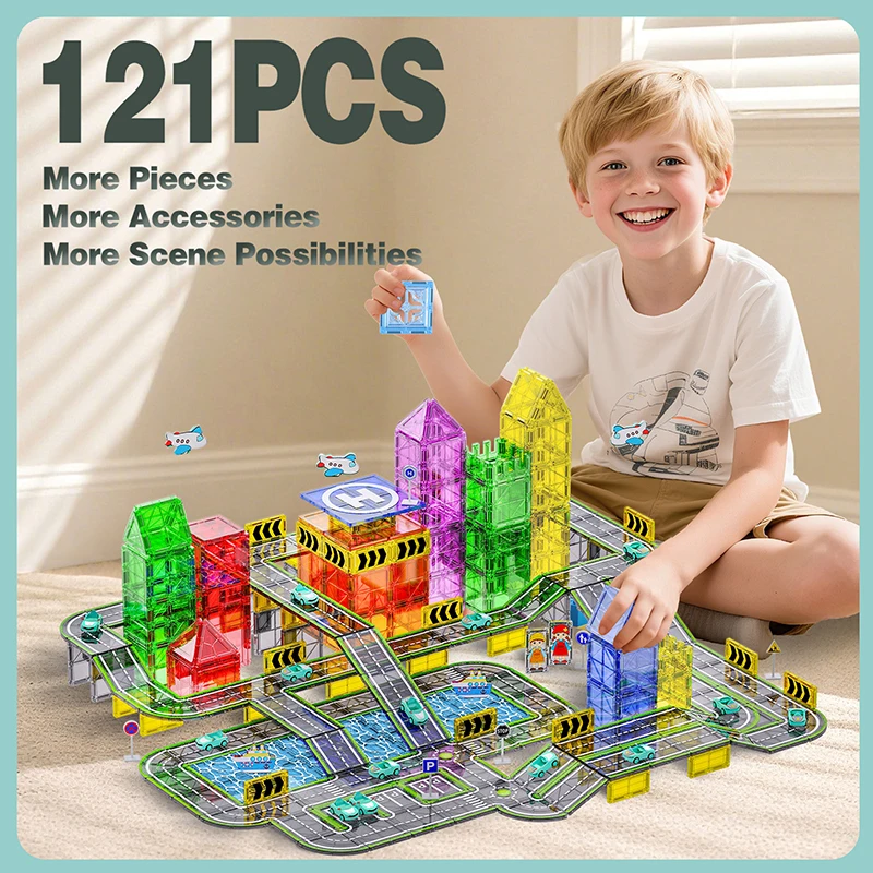 الأرض البحر والهواء موضوع البلاط المغناطيسي 121 قطعة بلاط مغناطيسي الطريق بناء لعبة تعليمية مع علامة مرور طائرة السفينة للأطفال