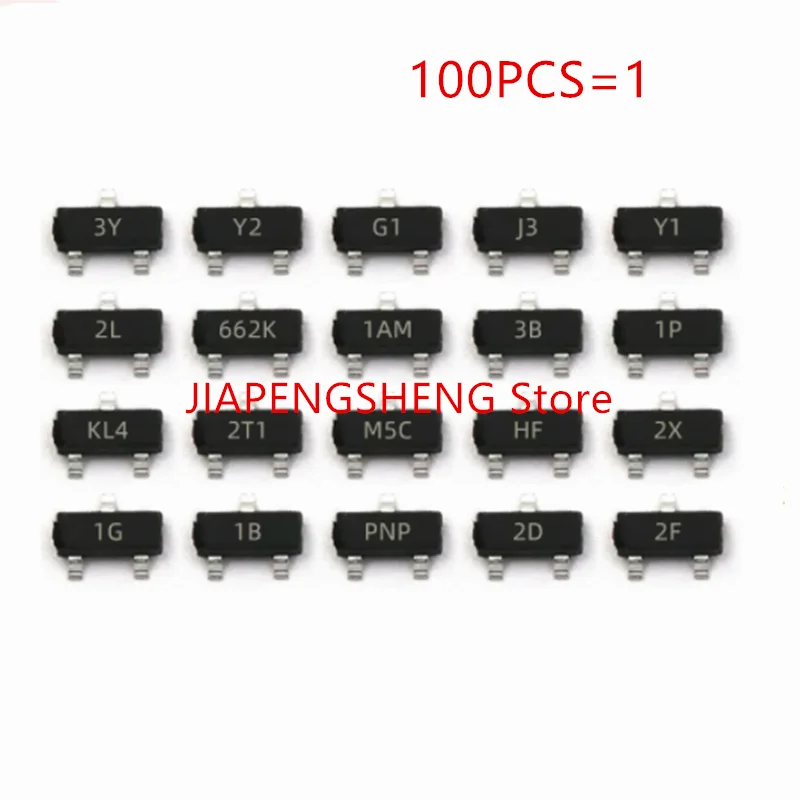 SMD-Transistor, S8050, S8550, S9012, S9013, S9014, S9015, S9018, SOT23, J3Y 2TY, Y1, Y2, 2 T1, J3, J6, M6, J8, SOT-23, 100Pcs