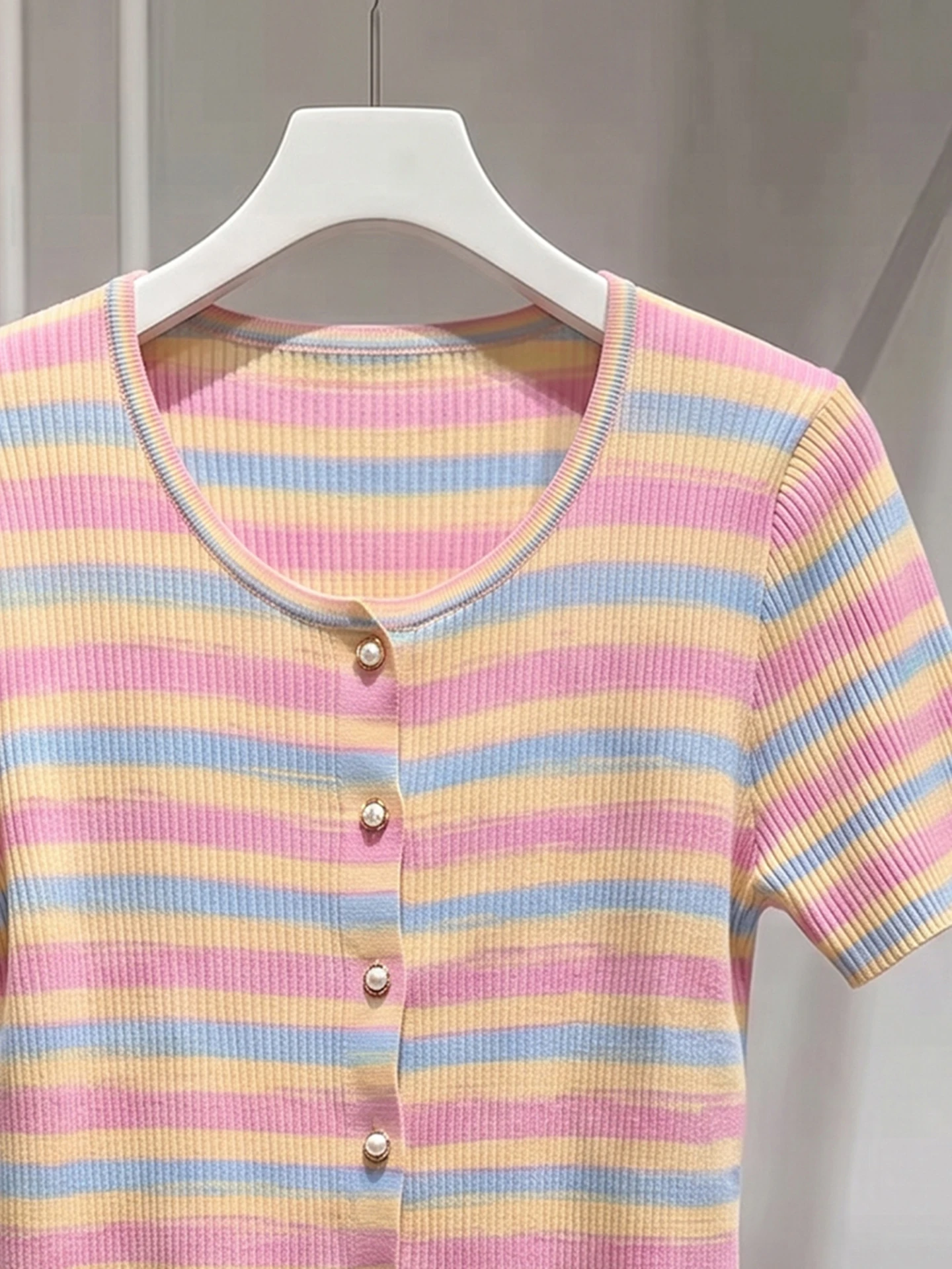 Sweet Soft Rainbow Stripes Knitted Cardigan Women's Top Comfortable Regular Fit Short Sleeve round Neck Button up Casual Shirt