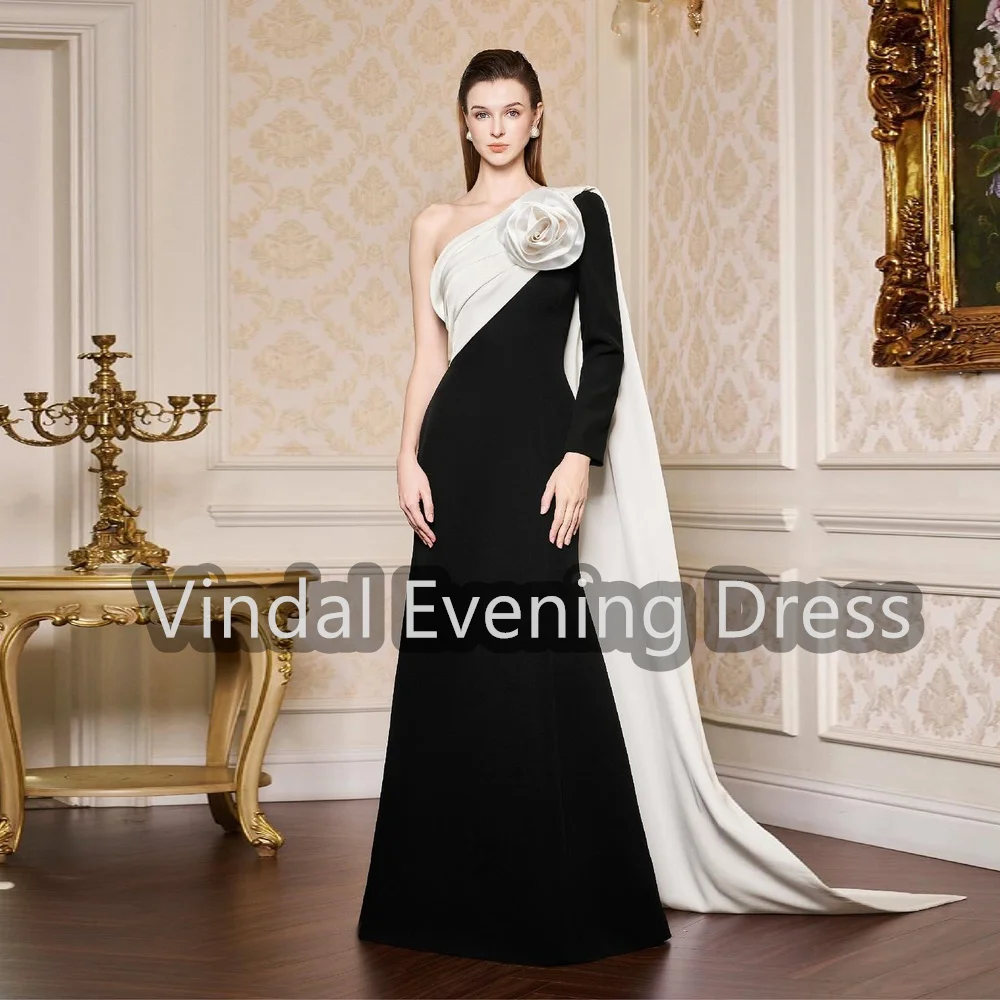 

Vindal Crepe A-line One-shoulder Neckline Floor Length Simple Evening Dresses For Women 2025 With Flowers Draped Party Dress