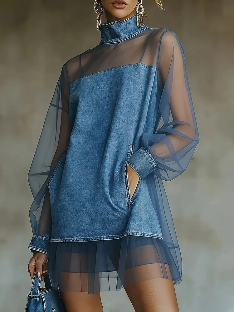 

Denim Mini Dress For Women Fashion Turtleneck Tulle Denim Patchwork Long Sleeve See Through Loose Party Dresses Femme Vestidos