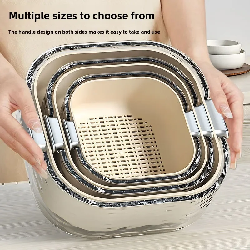 Double Layer Fruit Vegetable Drain Basket Kitchen Washing Bowl Thickened Plastic Strainer Durable Household Basin Food Prep Tool