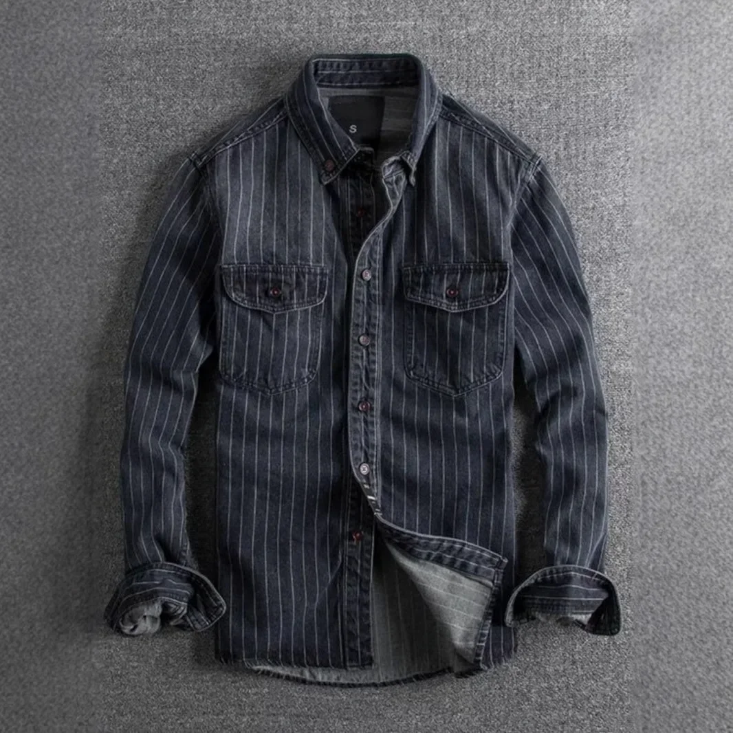 

Autumn New Retro Fashion Thickened Vintage Denim Shirt Men Slim Fit Casual Striped Long Sleeve Jacket Male Trendy Outerwear