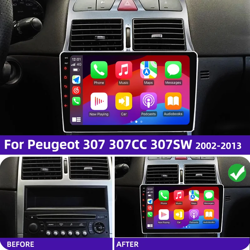 2DIN Carplay auto 4G NET+WiFi DSP Car Radio Multimedia For Peugeot 307 SW 307CC 307SW 2002 - 2013 Video Player Android 12 8Core