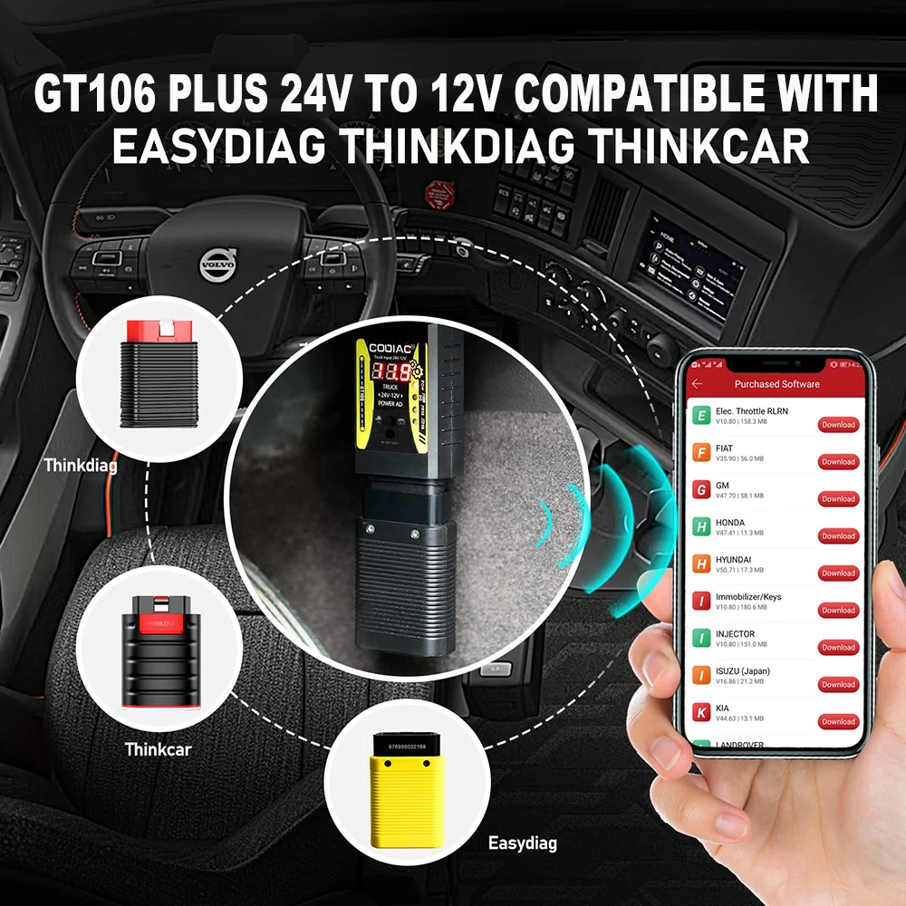 Godiag GT106 PLUS OBD2 24V to 12V Heavy Duty Truck Adapter for Easydiag/ Golo/ ThinkCar/ICarScan/Thinkdiag 2/DBScar II DBScar7