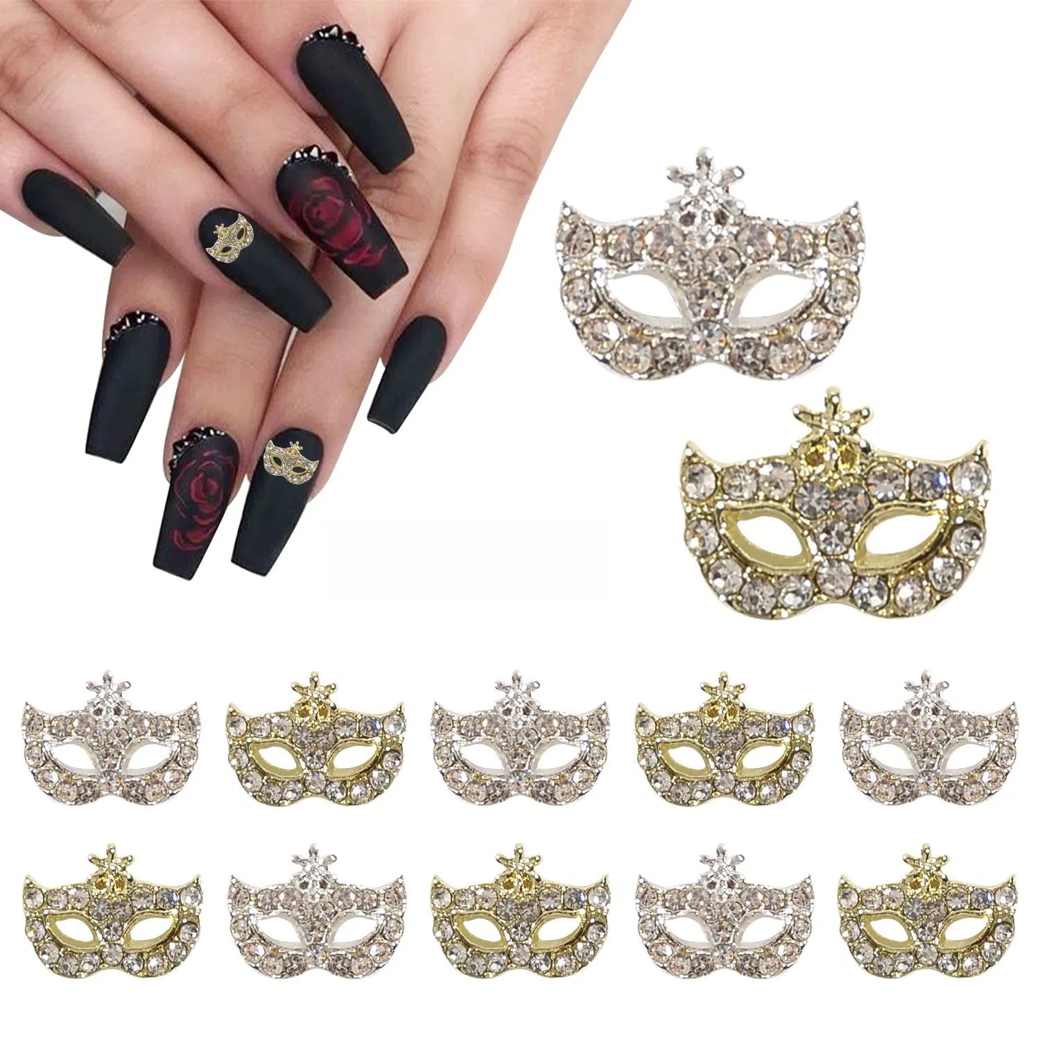 20Pcs New - Style Alloy Rhinestone - Embellished Mask Nail Charms Ins Style Bling Mask & Fox  crown - shaped Nail Accessories