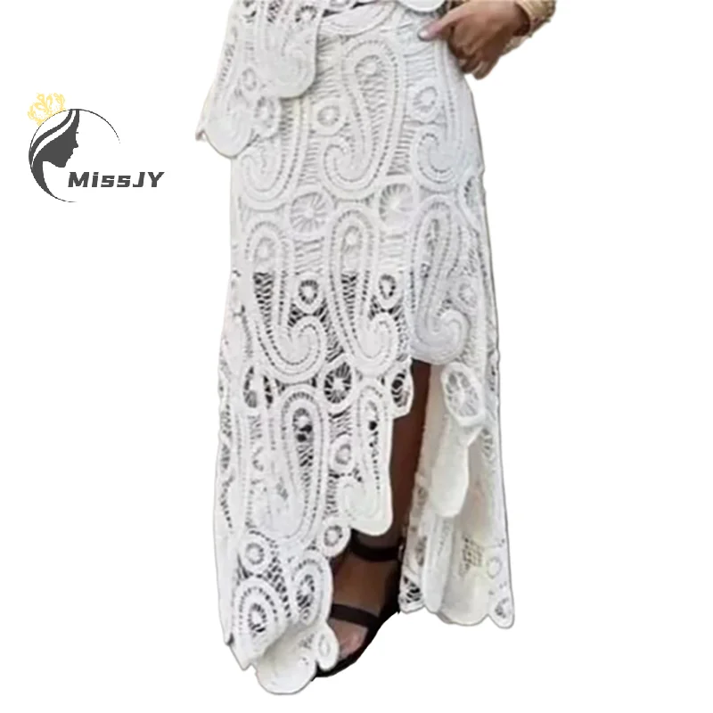 Crochet Knitted Asymmetric Top & Skirts Set Women Chic Elegant Lining Skirt 2023 Woven Fashion Outfits