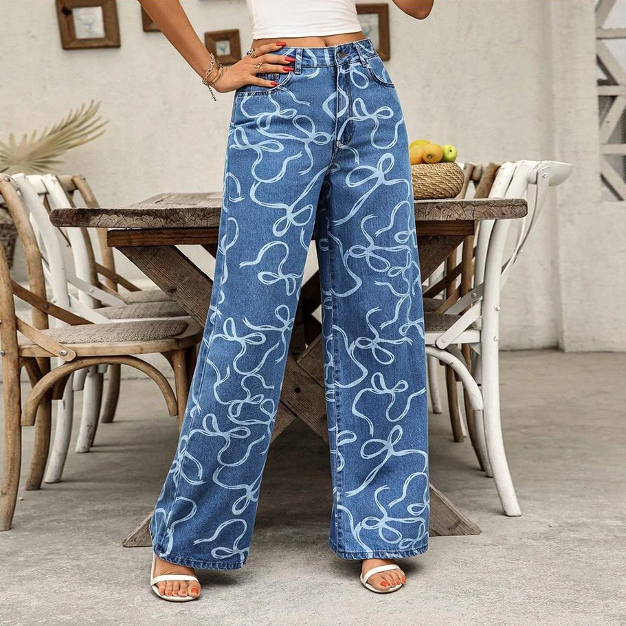 Luxury Women's Spring Fall Baggy Jeans Pants Bow Print High Waist Loose Wide Leg Denim Pants