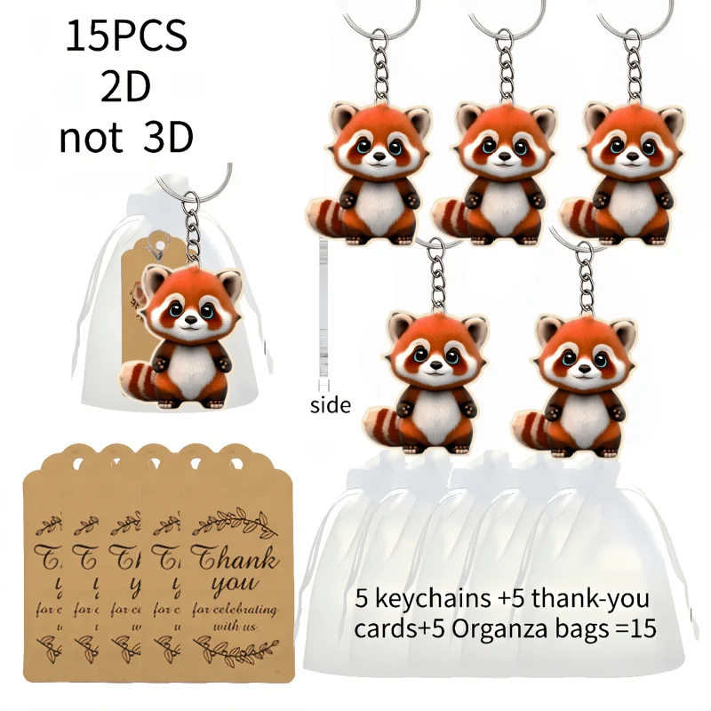 5sets Cute Red Panda Keychain Including Acrylic 2D Pendant & Thank You Cards & Gift Organza Bags Birthday Gift for Women Friends