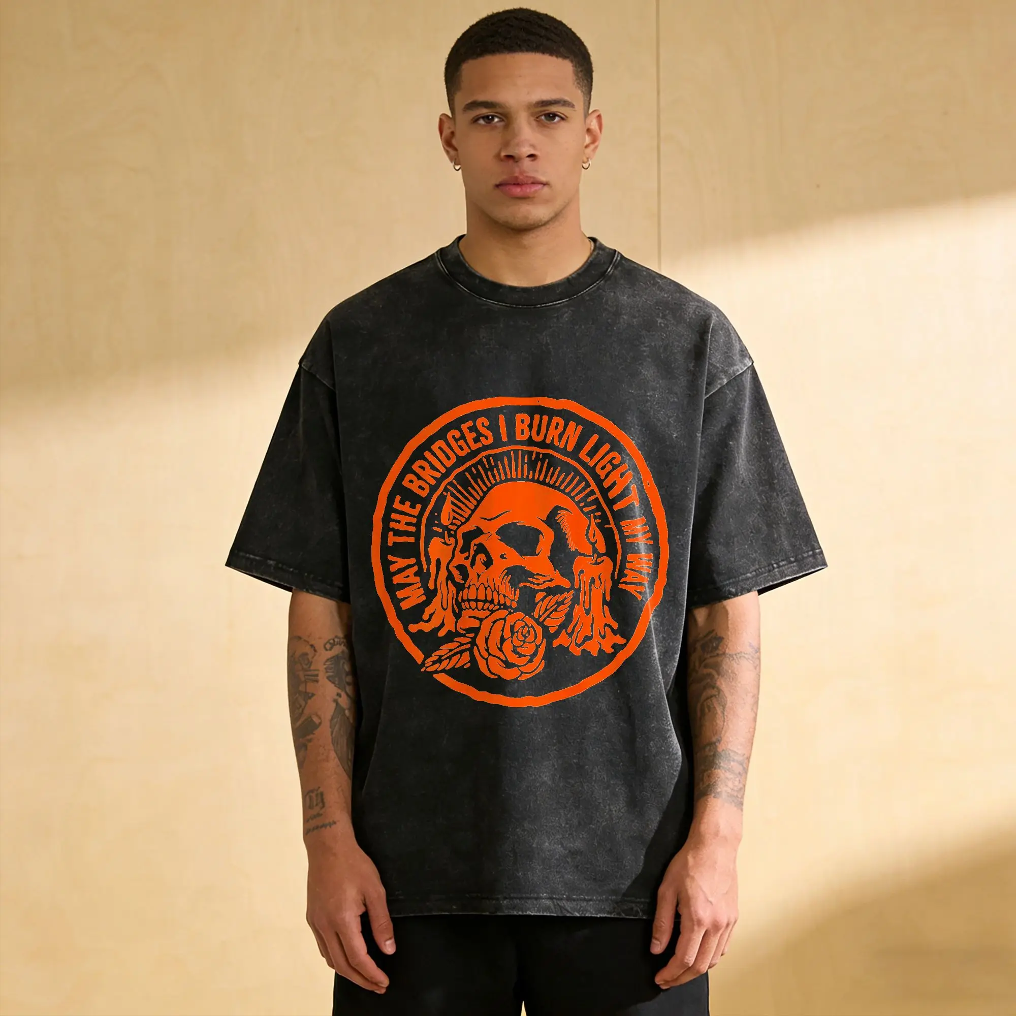 May The Bridges I Burn Light My Way Skull Gothic On Back T-Shirt Beach  Y2K Classic T Shirts Cotton Short-Sleeve Design Clothing