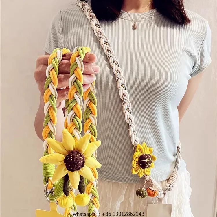 

Милый и супер красивый ремешок для мобильного телефона с подсолнухом, тканевый ремешок ручной работы из веревки