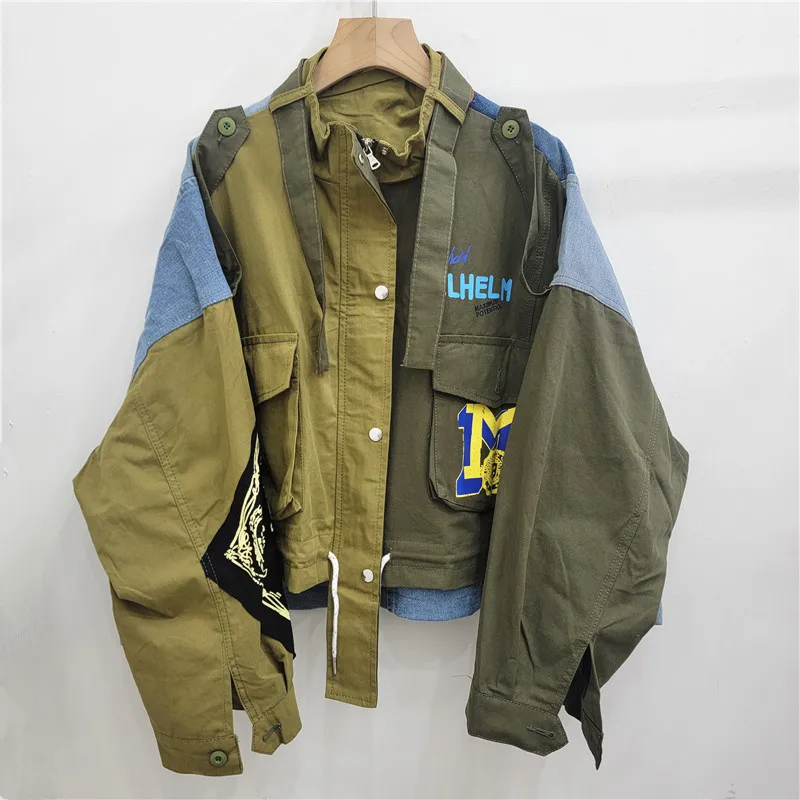 Retro Letter Printing Jacket Women Streetwear Green Cargo Pocket Denim Patchwork Fashion Coat Female Clothing
