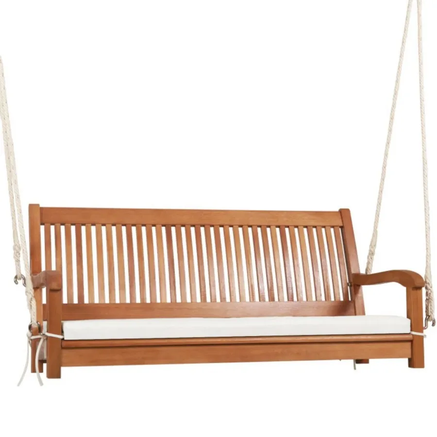 

2-Person Hanging Porch Swing Wood Bench with Cushion Curved Back