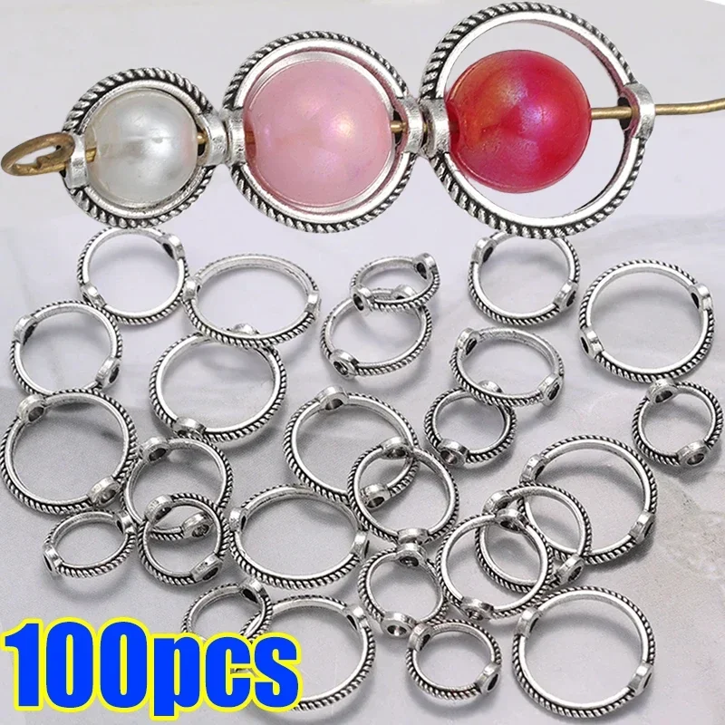 10-100pcs Vintage Round Frame Wrapped Bead Connect Rings Spacers Sliver Through Hole Beading Cap DIY Bracelet for Jewelry Making