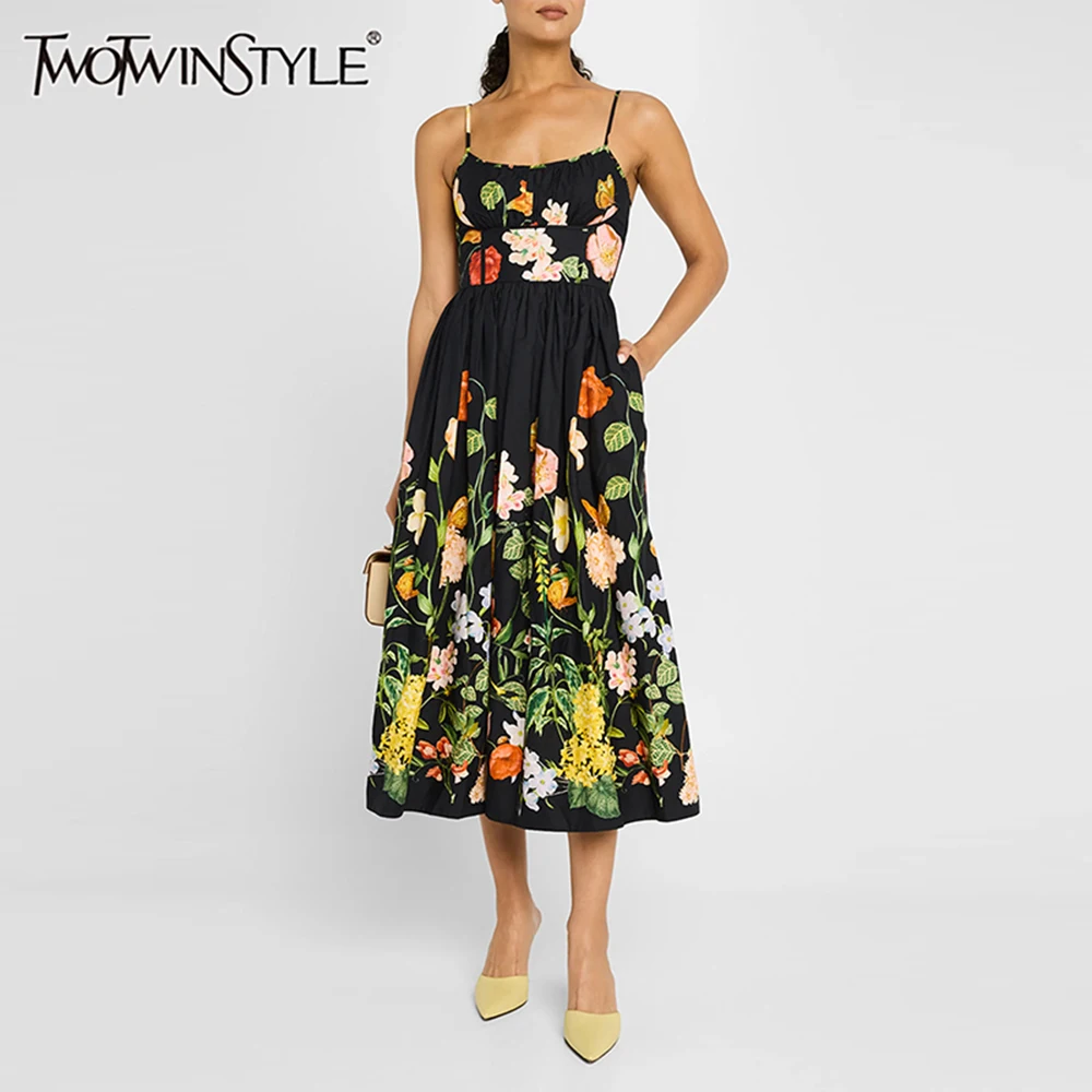 

TWOTWINSTYLE Colorblock Slimming High Street Dresses for Women Square Neck Sleeveless Patchwork Printing Dress Female Clothing