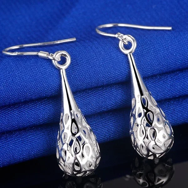 

Hot Fine 925 Silver Hollow Water Drop Shape Earrings For Women High Quality Party Wedding Jewelry Christmas Gifts