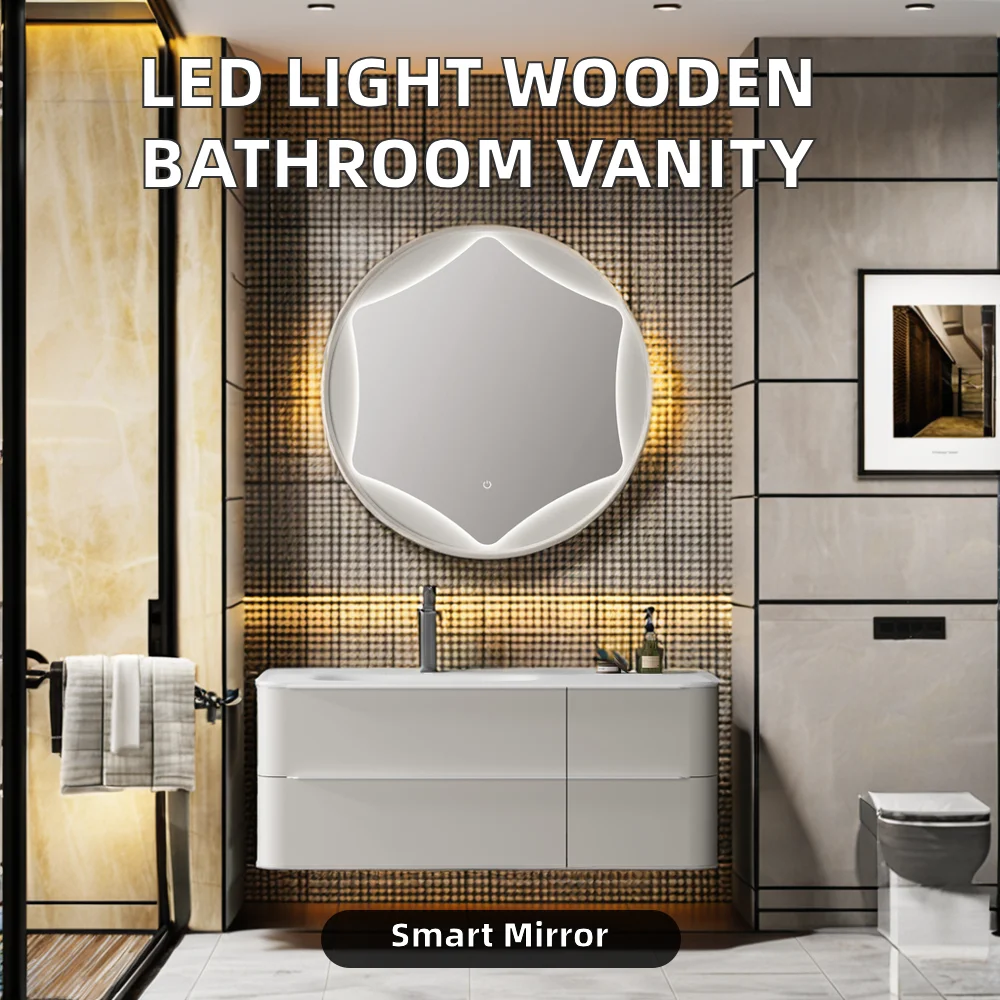 Modern LED Bath Mirror With Wooden Frame And Sintered Stone Curved Sink Wall Mounted For Bathroom Vanity For Hotels Apartments