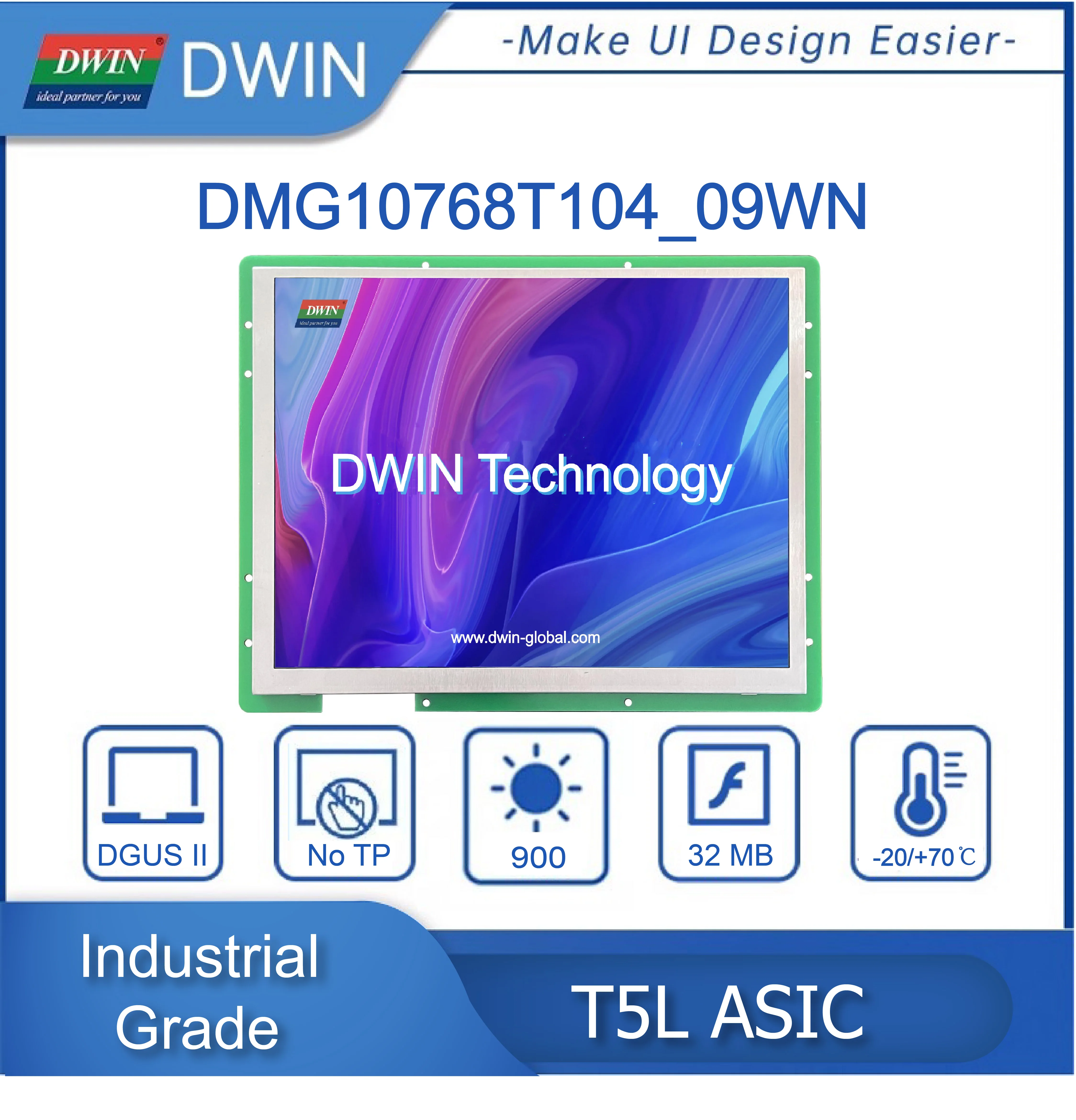 DWIN 10.4 inch 1024*768 Resolution High Brightness HMI IPS-TFT-LCD Industrial Anti-UV Module TTL/RS232 Arduino DMG10768T104_09W