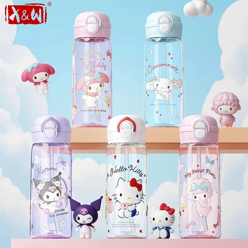 X&W Sanrio Kuromi Straw Cup 500ml Cartoon Plastic Dual Drinking Water Bottle Portable Outdoor Sports Cold Drink Space Cups Gift