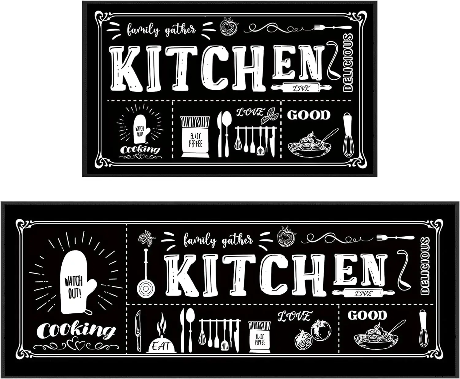 

Kitchen Utensils Rugs Black Kitchen Mats for Floor 2 Piece Anti Fatigue Floor Mat for Kitchen 40*60cm+40*120cm