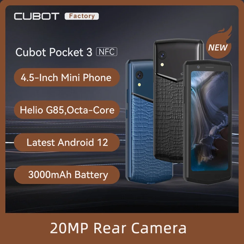 Cubot Pocket 3 4,5-inch mini-smartphone Android 12 4 GB + 64 GB Dual Nano SIM-kaart 3000 mAh batterij 20 MP achteruitrijcamera Face ID mobiele telefoon