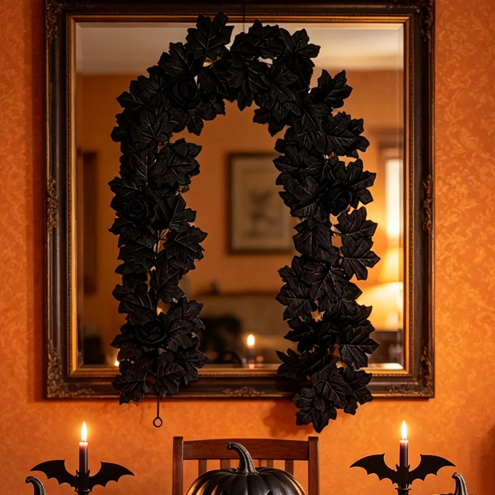 Black Halloween Garland 175cm Fake Maple Leaves Vine Hanging Ivy Wreath Fireplace Decor Wall Window Stair Railing Party Supplies
