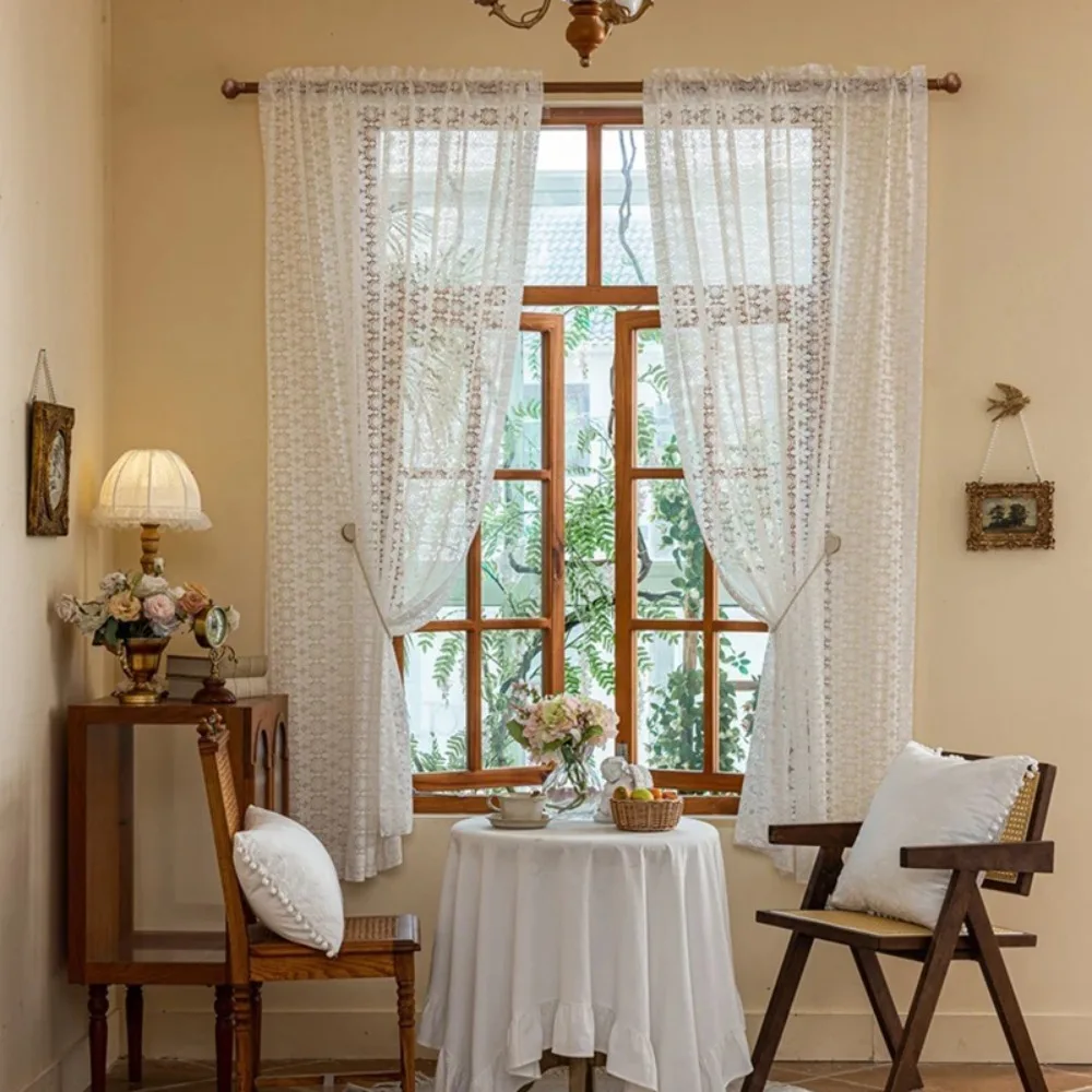 White Cutout Lace Curtains Romantic Vintage Country Flower Embroidery Tulle Sheer Curtains for Living Room, Bedroom Window Decor