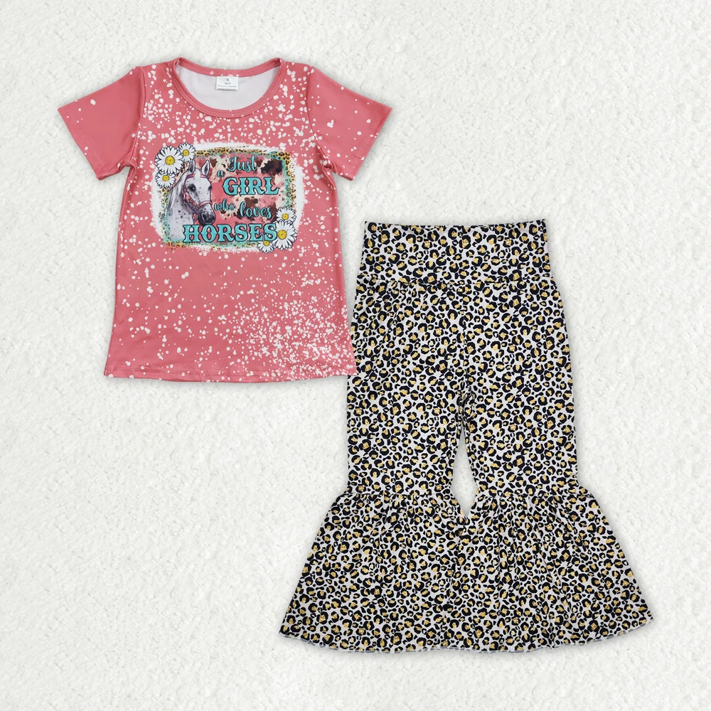 

GT0095+P0460 Wholesale Summer girls sets horse daisy pink long sleeve Pants Set Boutique toddler girls clothes sets