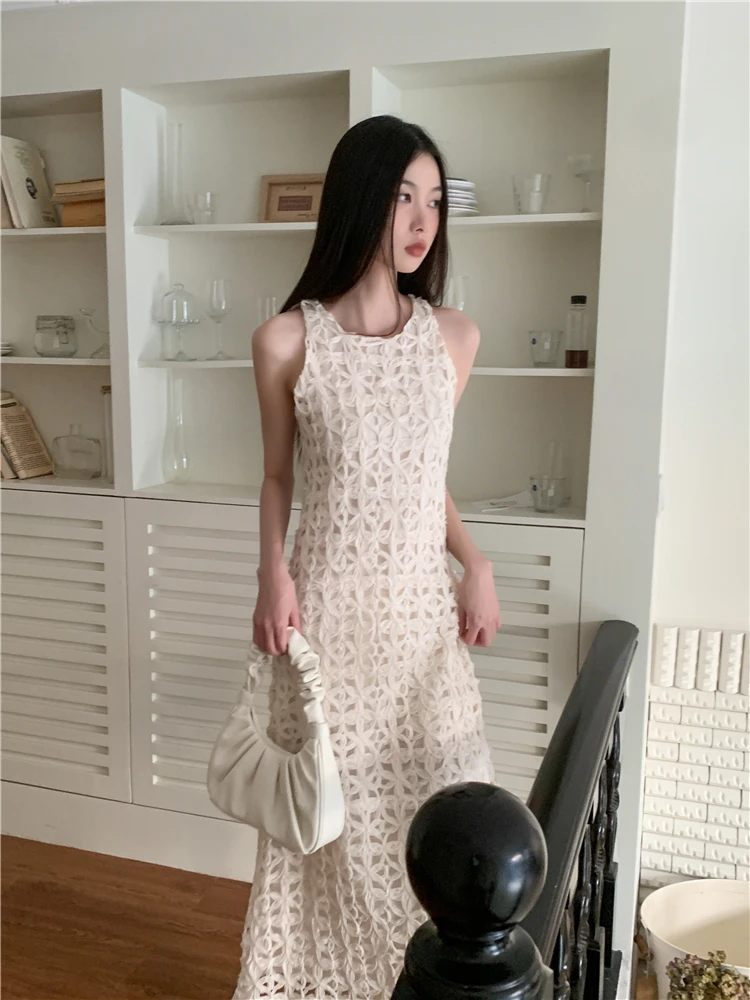 CHEERART Hollow Out Crochet Sleevelss Long Dress Women Elegant Luxury White A Line Midi Tank Dress Designer Clothing