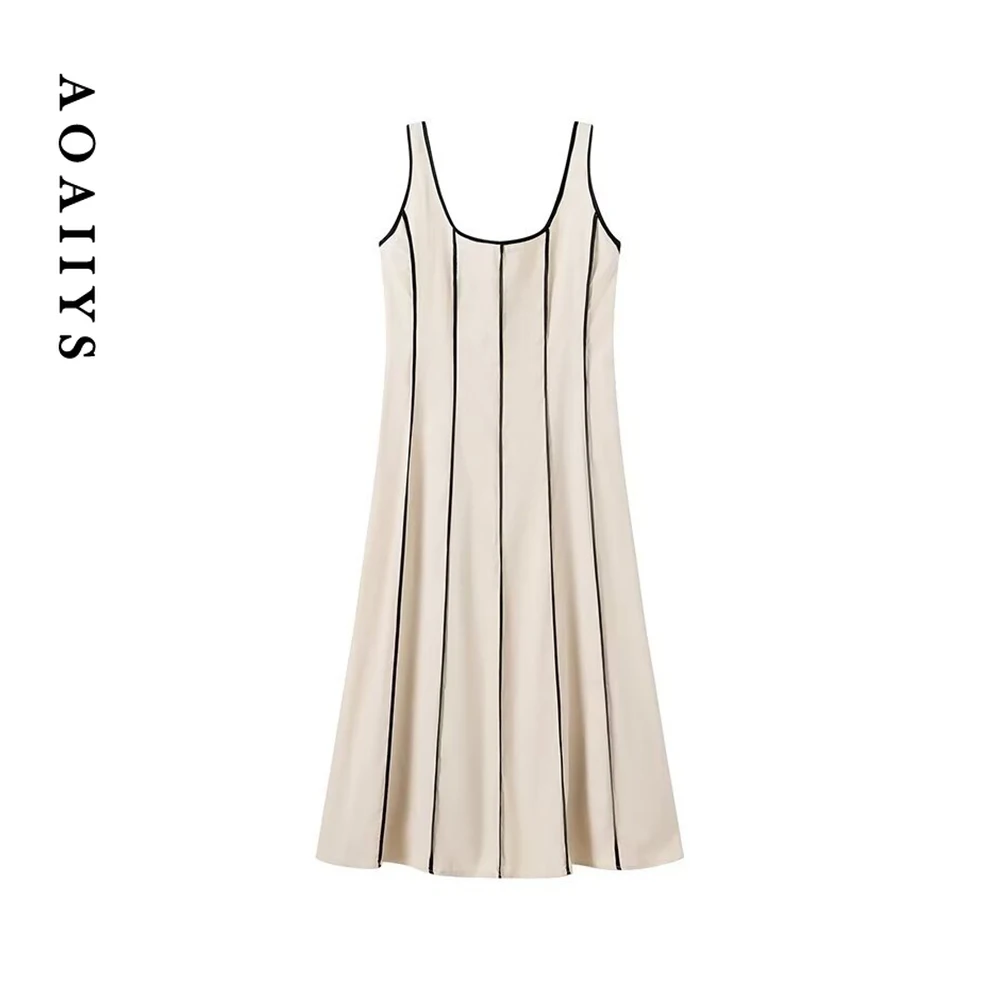 Aoaiiys Striped Dress for Women Basic Slim Spaghetti Strap Beige High Waist Slim Sexy Dresses New Elegant Fashion Summer Dress