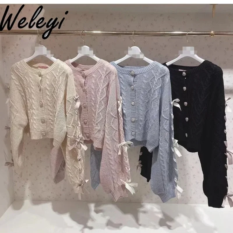 

Japanese Sweet Sweaters for Women 2024 Autumn and Winter New All Match Love Woven Cute Buckle Ribbon Fashion Four Color Cardigan