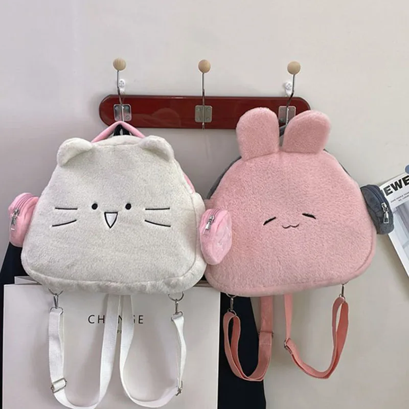 Kawaii Earphone Bunny Backpack For Women White Pink Rabbit Cute Cat Head Shape Schoolbag Portable Large Capacity Travel Knapsack