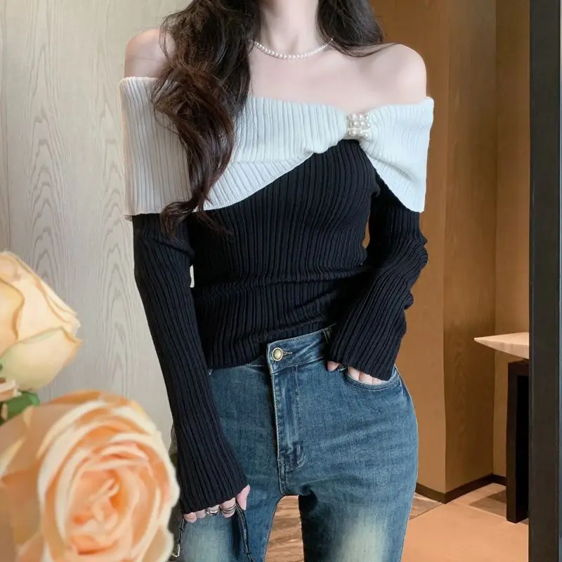 Xiaoxiangfeng One Shoulder Butterfly Knot Sweater Style French Off Shoulder Top Knitted Sweater Base Slim Fit