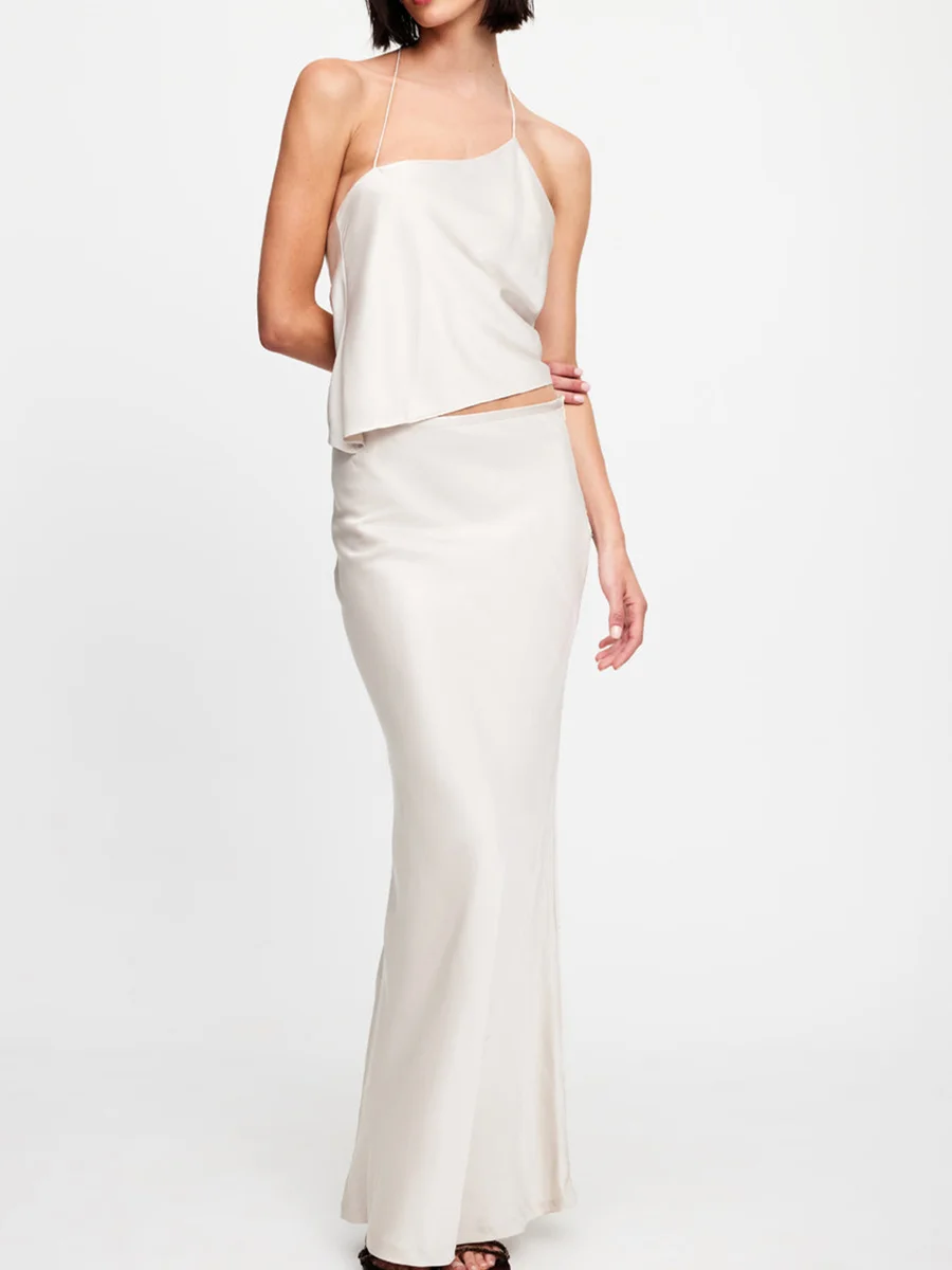 Mulheres Verão 2 Peças Vestido Set Roupas Cor Sólida Sem Mangas Tie-Up Halter Neck Backless Tanque Tops Cintura Baixa Saias Longas Set