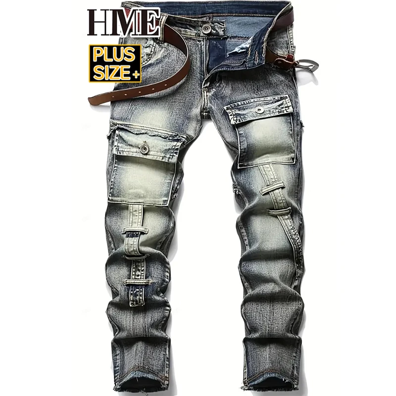 Retro Fashion Plus Size Men's Grey Holiday Street Popular Jeans Spring and Autumn High Waist Versatile Trend Trousers Trend