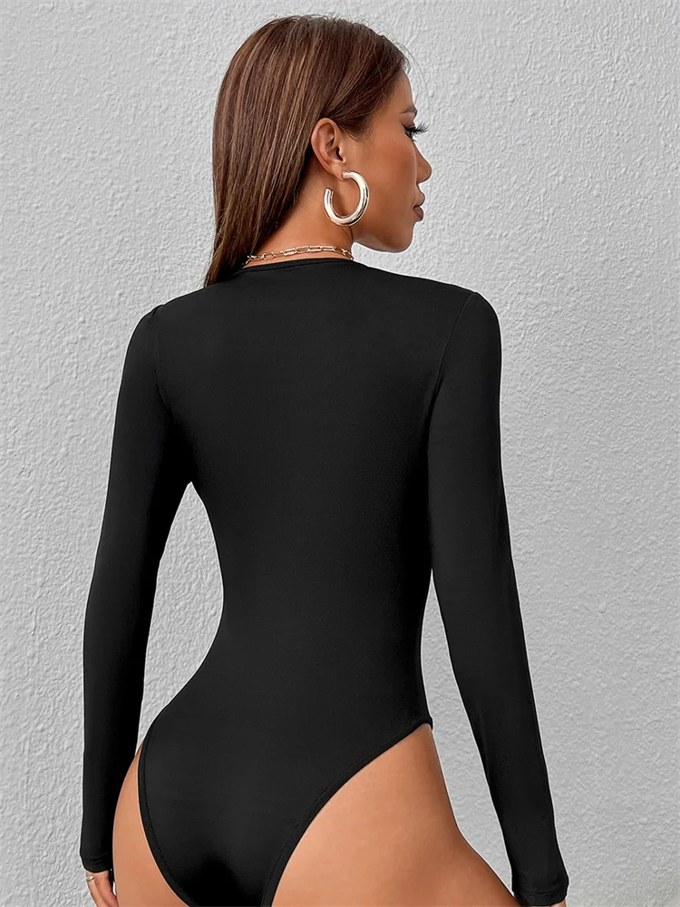 Women Basic Long Sleeve Round Neck Blouse Bodysuit Autumn Winter Casual Solid Color Slim Fit Bodycon Jumpsuit Streetwear New