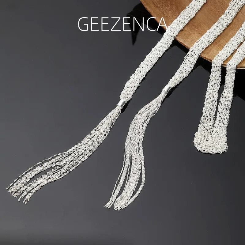 

GEEZENCA Италия Роскошная сетчатая цепочка 925 пробы тканый плоский шарф 1-метровое длинное ожерелье для женщин сверкающее изящное многослойное ожерелье