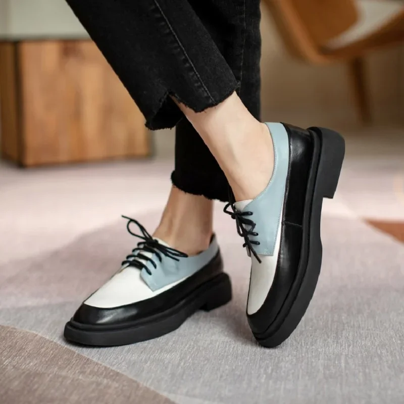 Spring/Autumn Women Shoes Genuine Leather Shoes Round Toe Lace Up Platform Shoes Color Mixed Thick Heel Flats for Women Sneakers