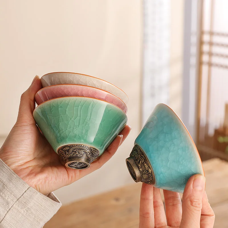 Douli Ice Flower Crackle Master Couple Pair Single Bowl Tasting Cup Ceramic Tea Set Gift