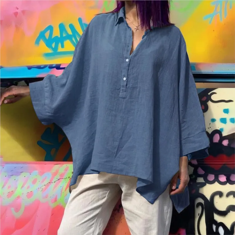 Kemeja Linen Katun Longgar Wanita; Atasan Besar Lengan Sayap Kelelawar Modis Blus Warna Polos Kasual Musim Semi Musim Gugur dan Atasan Wanita
