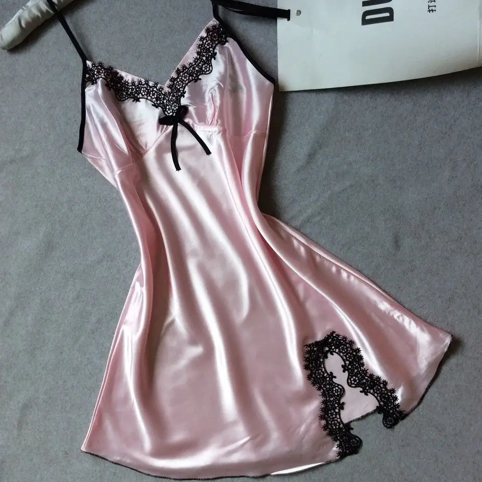 New Summer Simulation Silk Women Halter Nightgown Sexy V-neck Spun Silk Satin Pajamas Comfortable Loose Loungewear Agent Ms Sexy