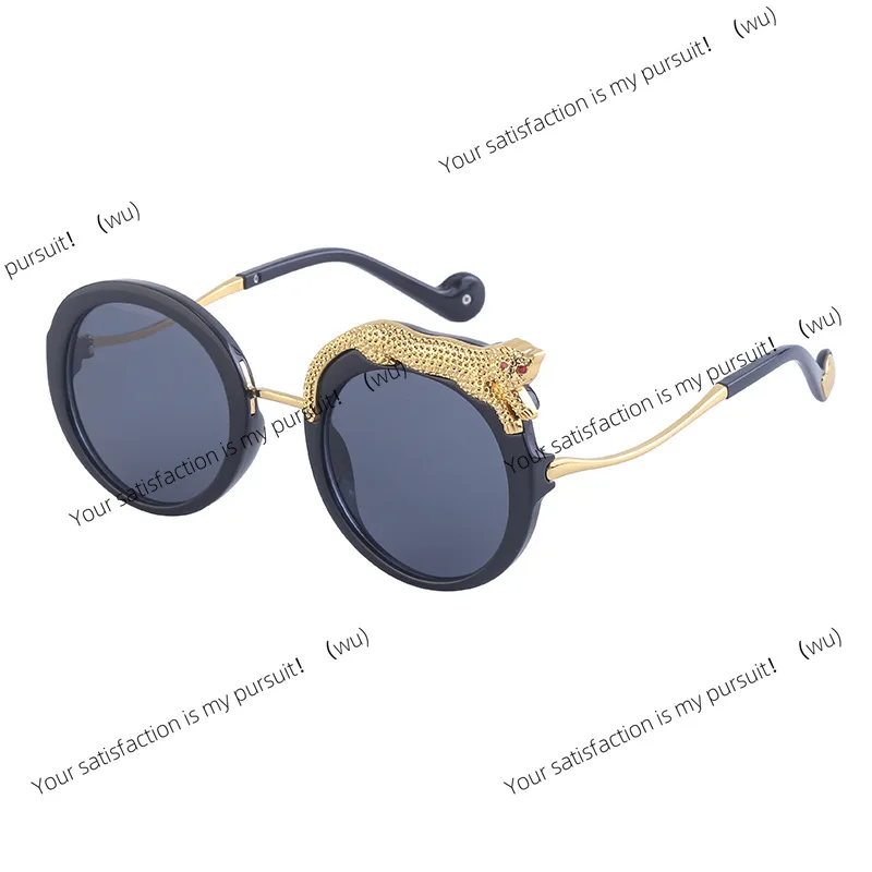 female leopard head with diamonds, European and American round frame sunglasses, trendy large frame sunglasses, advanced sense