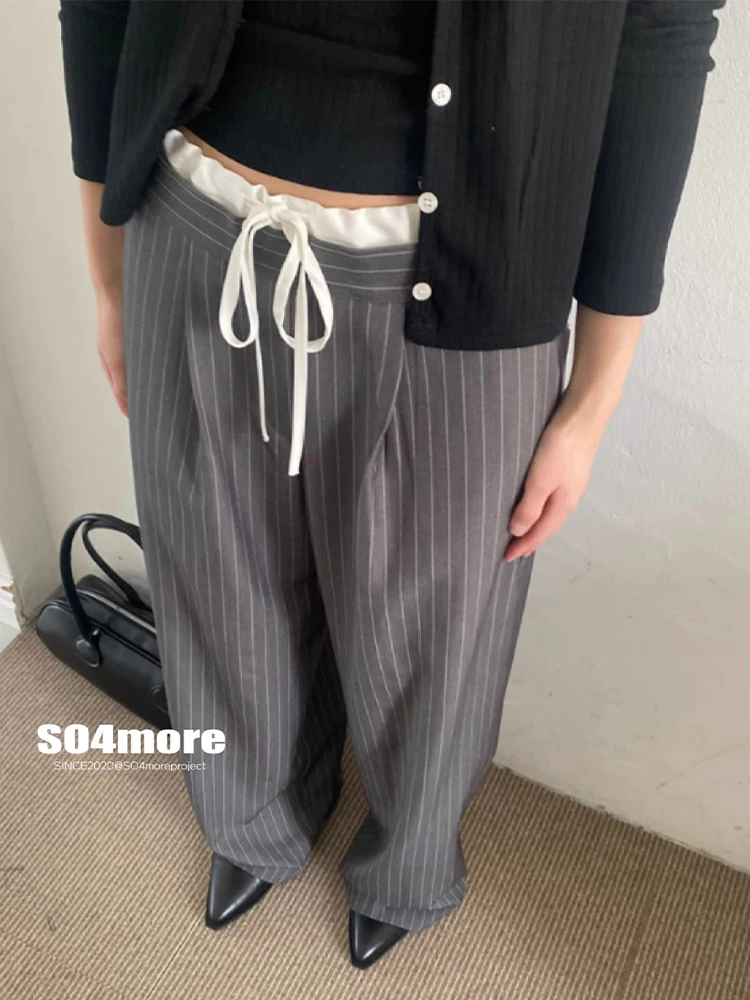 

2025 Autumn Winter Women Korean Fashion Old Money Wide Fit Pants Designer Striped Long Trousers Baggy 2000s Pantalones Vintage