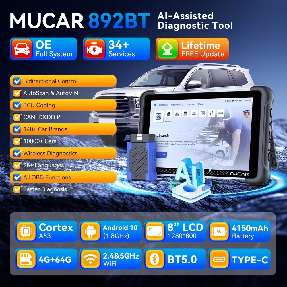 MUCAR 892BT Bi-directional ECU Coding Life Free Professional Car Diagnostic Tool CANFD DOIP 35 Resets Full Systems Obd2 Scanner
