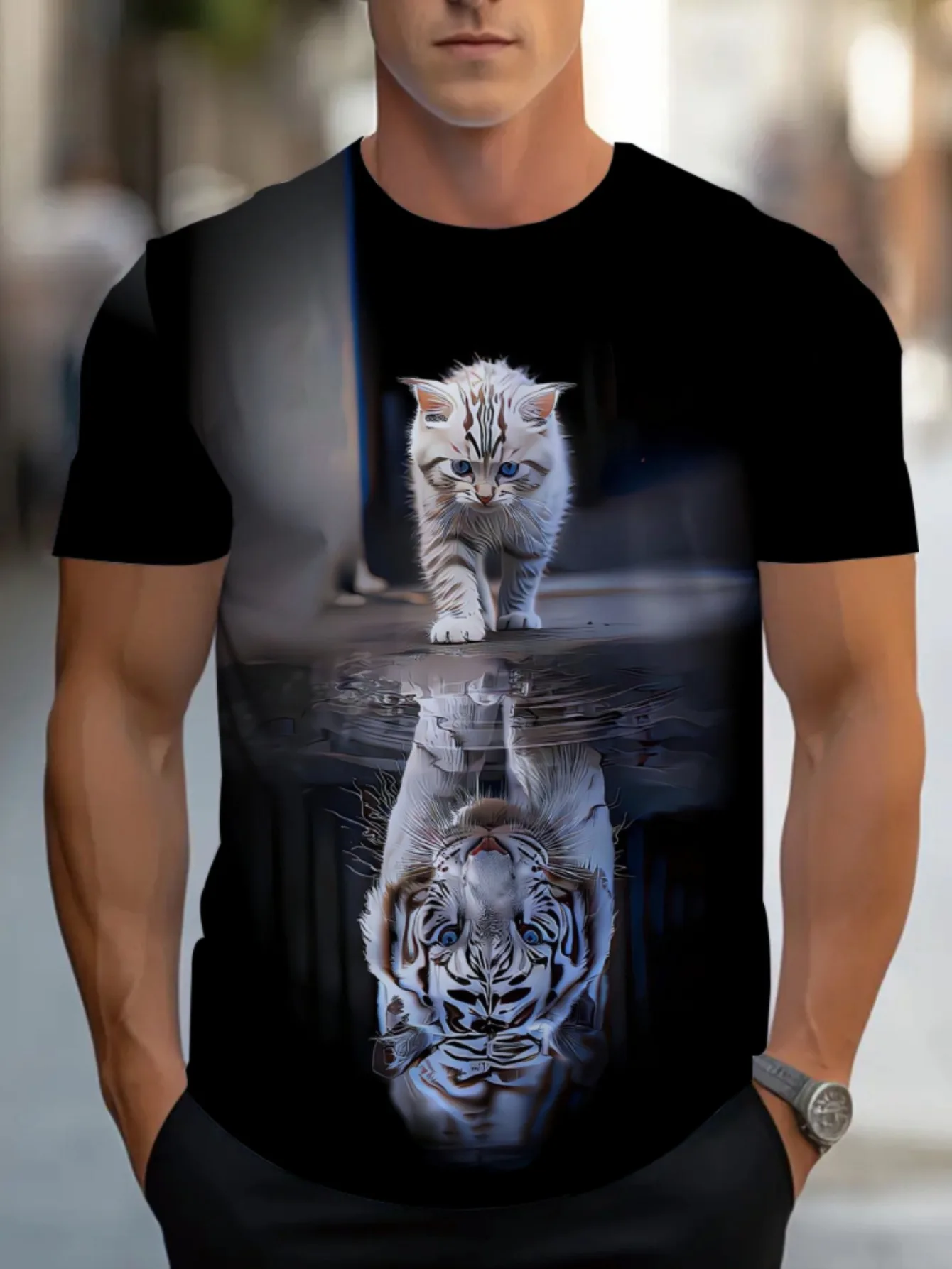 Men Short Sleeve T‑Shirt Kitten Reflection White Tiger Metaphor Animal Crew Neck Casual Tops