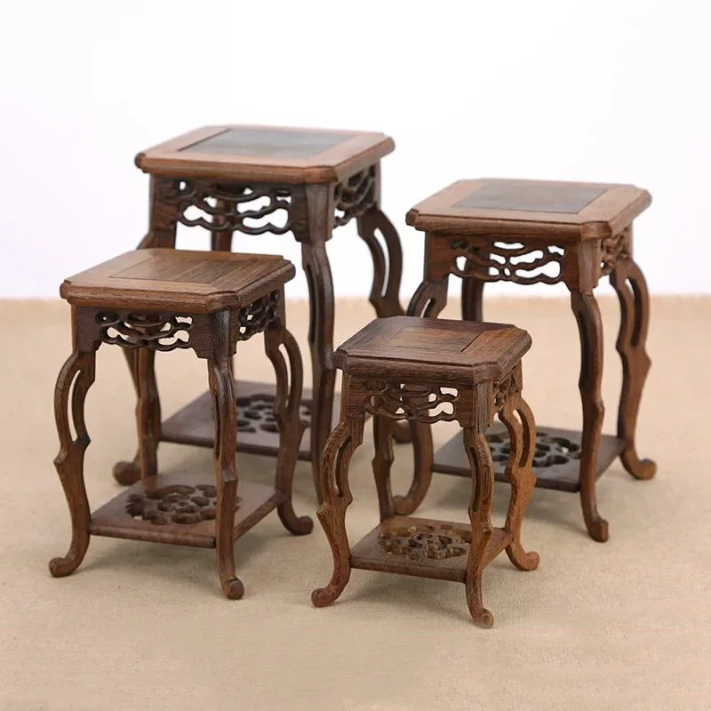 قاعدة مربعة من Redwood Crafts Seahorse، اليشم الغريب، زهرة الحجر، ختم بونساي، وعاء الشاي، حامل خشبي، حامل زهور صغير