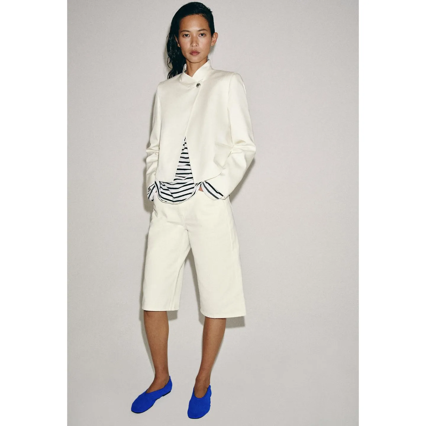 Summer New Women's Commuter Style High Collar Long Sleeve Single Pocket Decorated Short Length Suit Jacket Polyester Fiber