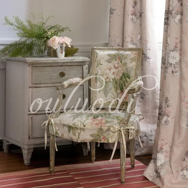 Solid wood dining chair bedroom antique makeup chair American old balcony printed coffee chair