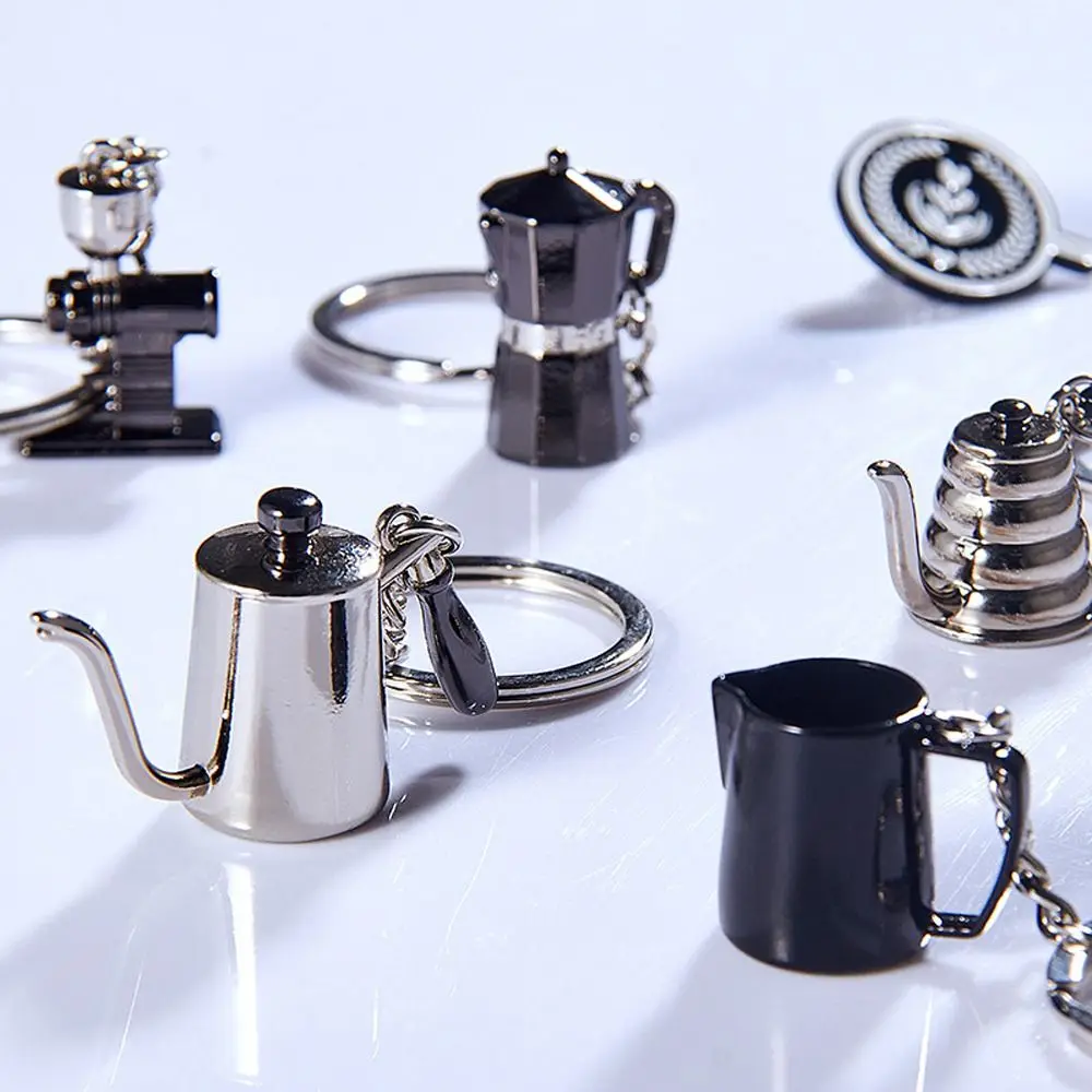 Zinc Alloy Women Badge Niche Design Girl Gift Moka Pot Coffee Series Key Ring Coffee Pot Key Chain Car Key Ring Bag Pendent