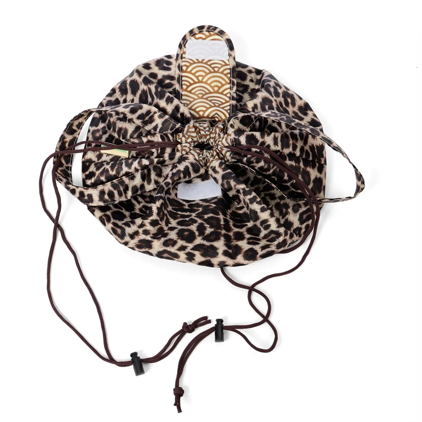 Leopard Print Drawstring Travel Cosmetic Bag – Lightweight Water-Resistant Bucket Organizer with Flap and Dual Wrist Straps